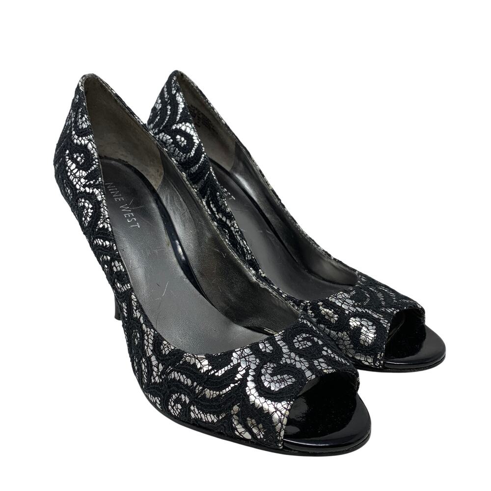 Nine West Masqureder Peep Toe Heels Womens Size 8 Silver Black Lace 4" Heel